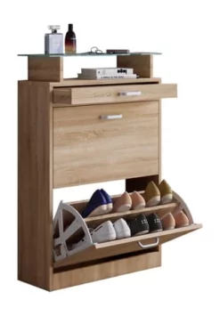 VCM. - My Home Holz Regal Kipper Schuhregal Schuhschrank Schuhkipper 2 Klappen Ablage Braso Sonoma-Eiche (Sägerau)