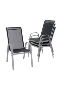 VCM. 4er Set Stapelstuhl Rahmen Hellgrau Textilene Schwarz Gartenstuhl Stapelsessel Schwarz