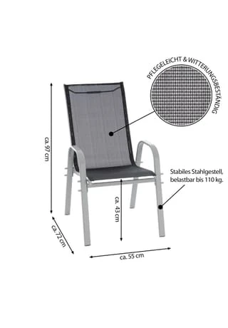 VCM. 4er Set Stapelstuhl Rahmen Hellgrau Textilene Schwarz Gartenstuhl Stapelsessel Schwarz 9 VCM. 4er Set Stapelstuhl Rahmen Hellgrau Textilene Schwarz Gartenstuhl Stapelsessel Schwarz – Bild 7