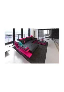SOFA DREAMS Ecksofa Leder Ravenna Schwarz-pink