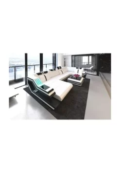 SOFA DREAMS Wohnlandschaft Leder Ravenna Weiß-schwarz