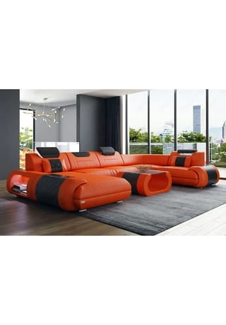 SOFA DREAMS Wohnlandschaft Leder Rimini Orange-schwarz 4 SOFA DREAMS Wohnlandschaft Leder Rimini Orange-schwarz – Bild 2